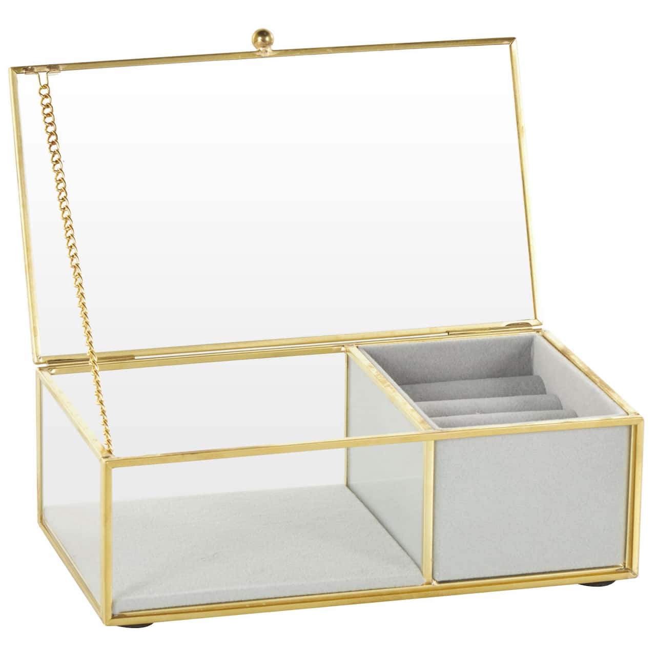 7" x 4" x 3" Clear & Gold Glass & Metal Jewelry Box with Chain Accent & Fabric Ring Slots